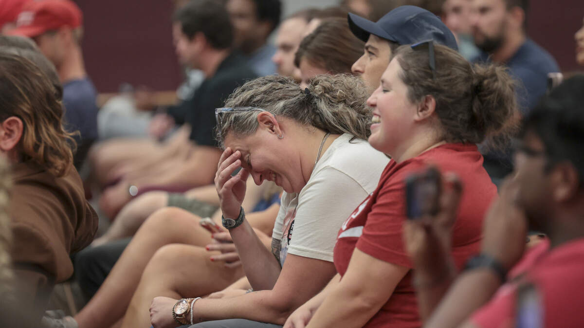 Meredith Johnson and Rebecca Hoagland laugh during an event hosted by USC’s chapter of Uncensored America. Milo Yiannopoulos and Gavin McInnes spoke during a ‘roast’ of Kamala Harris at the University of South Carolina Russel House on Wednesday, Sept. 18, 2024.