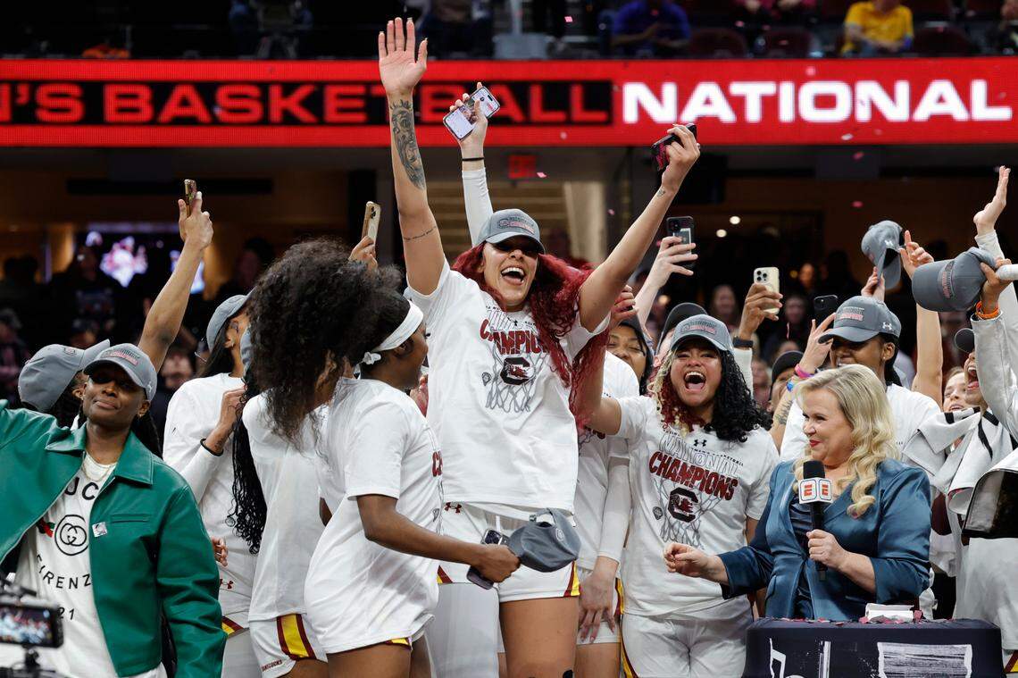South Carolina’s Kamilla Cardoso (10) is recognized as the Most Outstanding Player as the Gamecocks celebrate winning the National Championship against Iowa at the Rocket Mortgage FieldHouse in Cleveland.