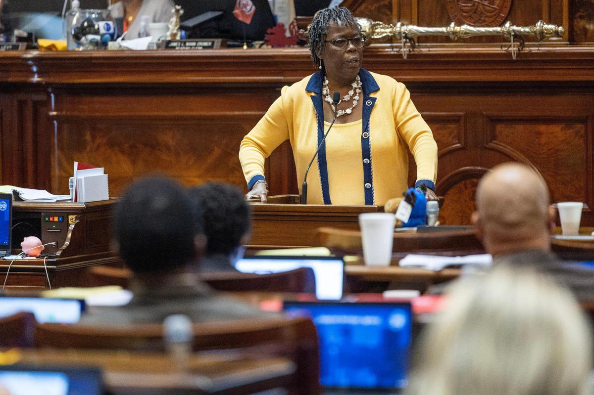 Representative Gilda Cobb-Hunter, D-Orangeburg, introduces an amendment to a bill that would ban abortions after six weeks at the South Carolina State House on Tuesday, May 16, 2023. Democrats have introduced hundreds of amendments to the bill.