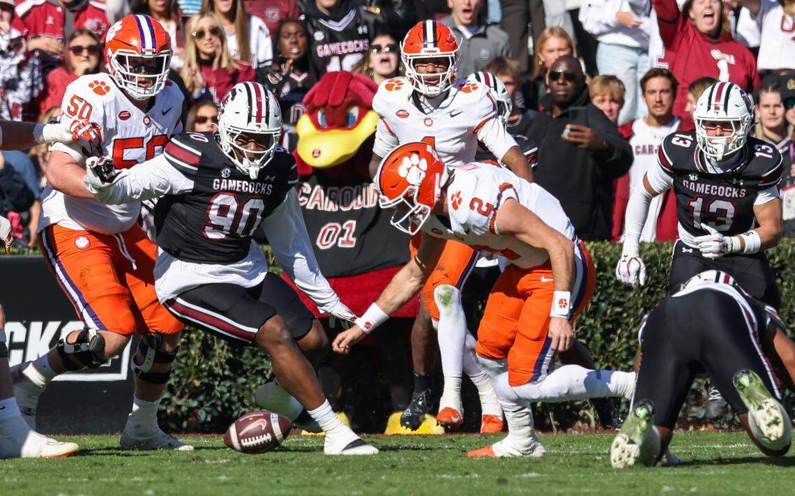 Clemson quarterback Cade Klubnik (2) fumbled, then picked it up and scored in the Tigers’ win Saturday over South Carolina at Williams-Brice Stadium.