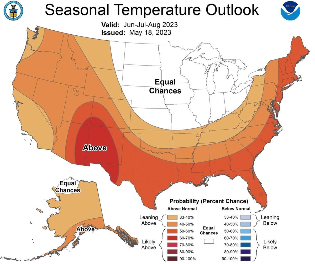 A map of the U.S. showing expected temperatures for June through August this year.