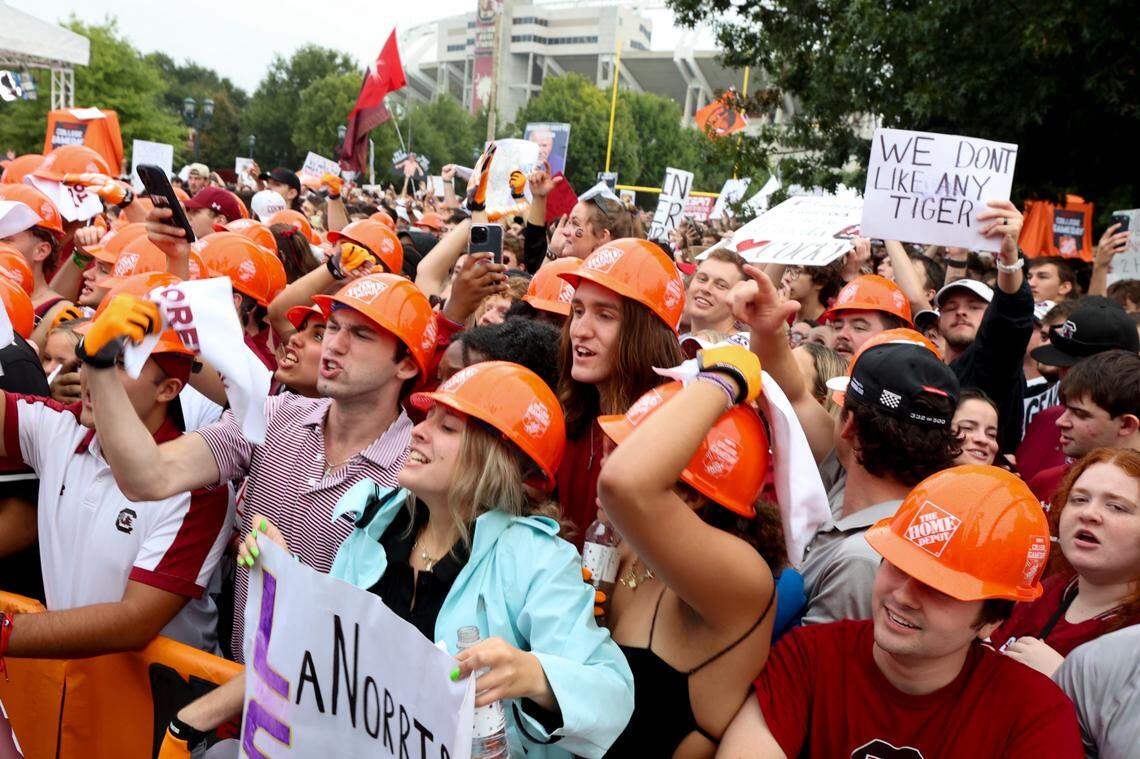 Students celebrate during the broadcast of ESPN College Gameday at Gamecock Park on Saturday, Sept. 14, 2024.