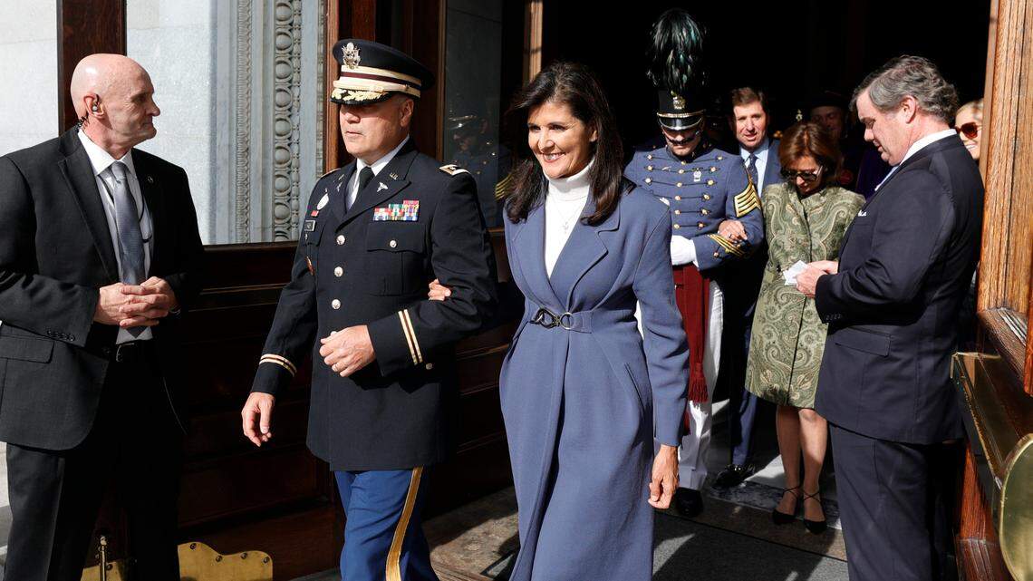 Former South Carolina Governor Nikki Haley and Former First Husband Michael Haley arrive for the 98th South Carolina Inaugural at the South Carolina State House grounds on Wednesday, Dec. 11, 2023.