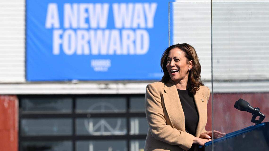 Democratic presidential candidate and Vice President Kamala Harris addresses her supporters outside Throwback Brewery in North Hampton, Wednesday, Sept. 4, 2024.