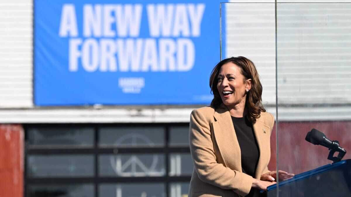 Democratic presidential candidate and Vice President Kamala Harris addresses her supporters outside Throwback Brewery in North Hampton, Wednesday, Sept. 4, 2024.