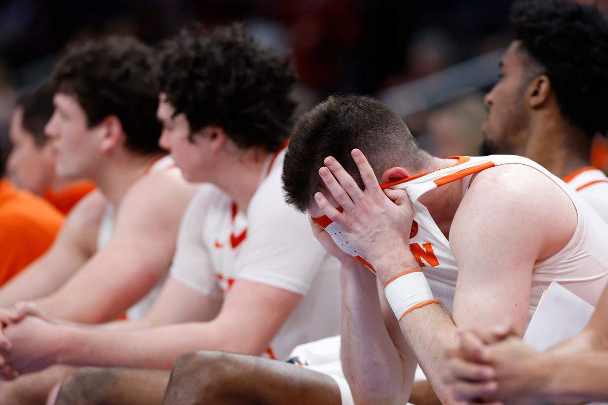Mar 13, 2024; Washington, D.C., USA; Clemson Tigers players react on the bench against the Boston College Eagles in the final minute in the second half at Capital One Arena.