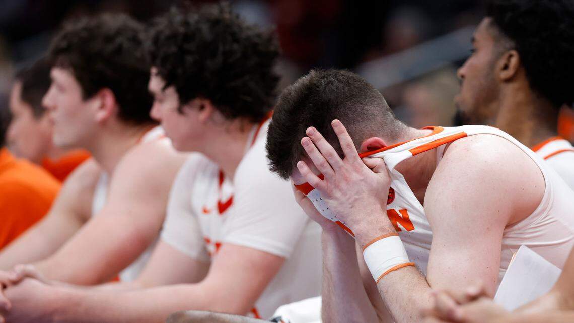 Mar 13, 2024; Washington, D.C., USA; Clemson Tigers players react on the bench against the Boston College Eagles in the final minute in the second half at Capital One Arena.