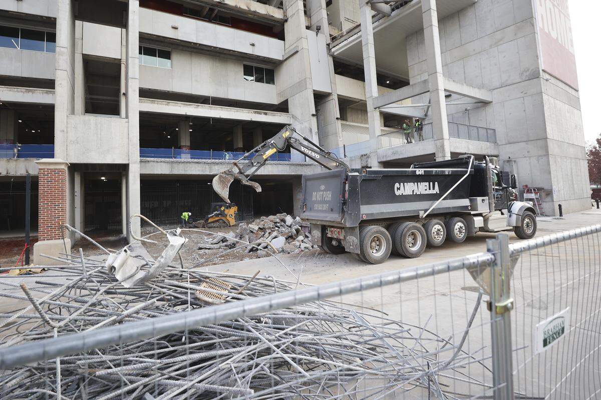 Crews work to demolish portions of Williams-Brice Stadium on Wednesday, Jan. 7, 2026. Renovations to the stadium are expected to be complete in time for the 2026 season.