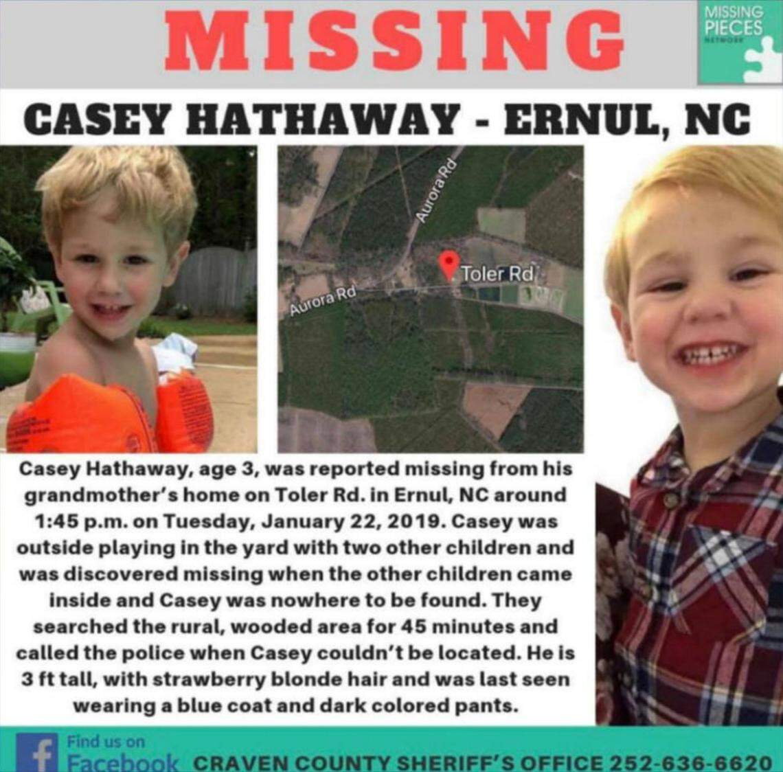 This undated image provided by the Craven County Sheriff’s Office shows an online poster for missing Casey Lynn Hathaway. Hundreds of volunteers are helping authorities search for the 3-year-old North Carolina boy last seen playing near his grandmother’s home. (Craven County Sheriff’s Office via AP)