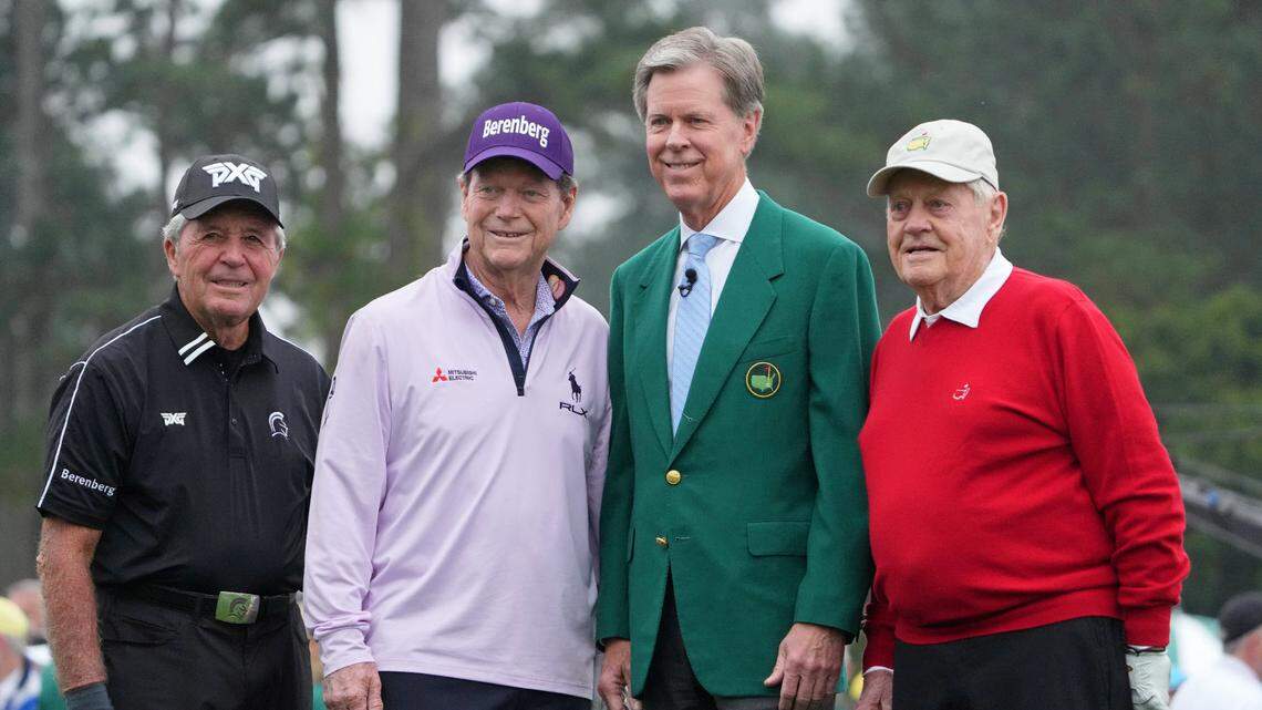 Honorary starters Gary Player (left) and Tom Watson (center) and Jack Nicklaus (right) pose for a photo with Augusta National Golf Club chairman Fred Ridley on Thursday before the first round of The Masters golf tournament.