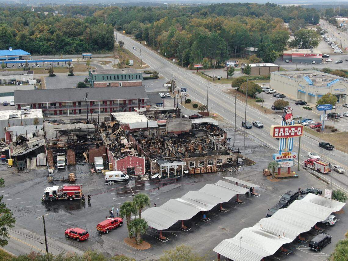 An aerial look at the damage fire caused at the Maurice’s Piggie Park complex in West Columbia.