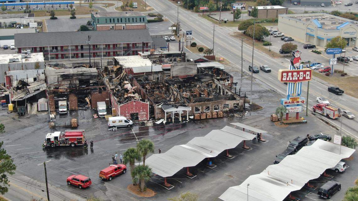 An aerial look at the damage fire caused at the Maurice’s Piggie Park complex in West Columbia.