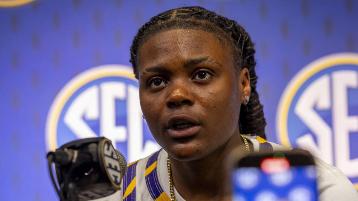 Oct 15, 2025; Birmingham, AL, USA; LSU Tigers guard MiLaysia Fulwiley talks with the media during SEC Media Days at Grand Bohemian Hotel. Mandatory Credit: Vasha Hunt-Imagn Images