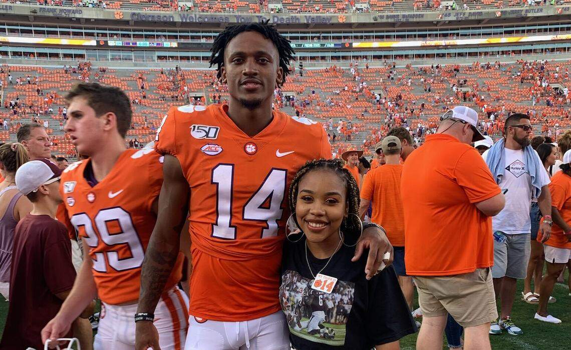 Clemson football wide receiver Diondre Overton poses for a picture with his girlfriend Autumn Scott after a home game at Memorial Stadium.