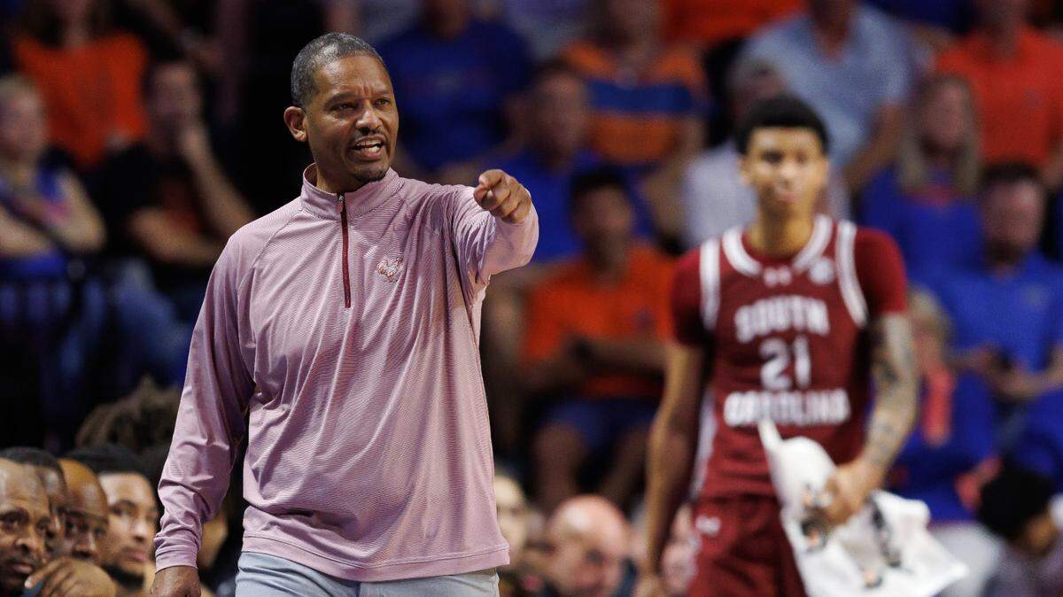 South Carolina Gamecocks head coach Lamont Paris gestures from the sideline against the Florida Gators on Saturday at Exactech Arena at the Stephen C. O’Connell Center.