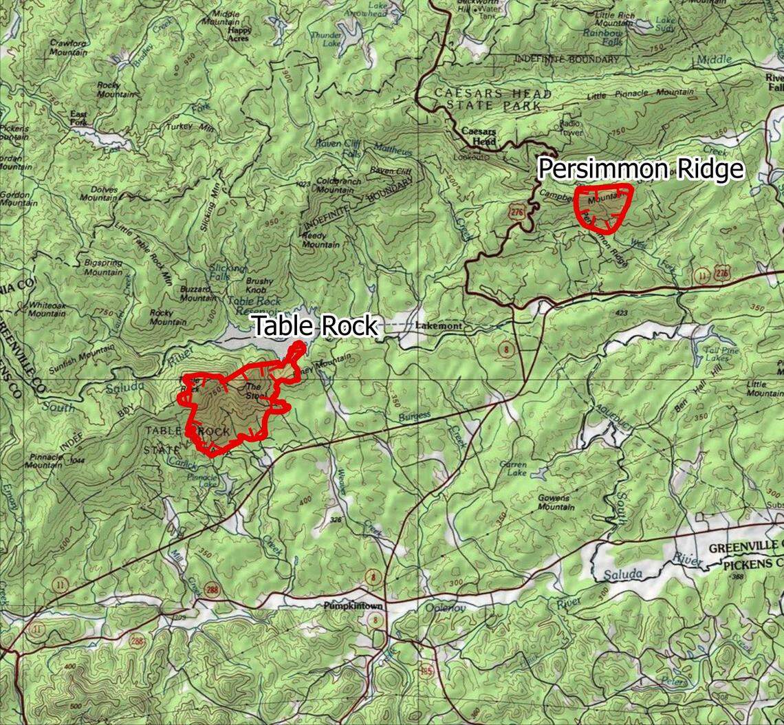 A map that shows the locations of the Table Rock and Persimmon Ridge wildfires.