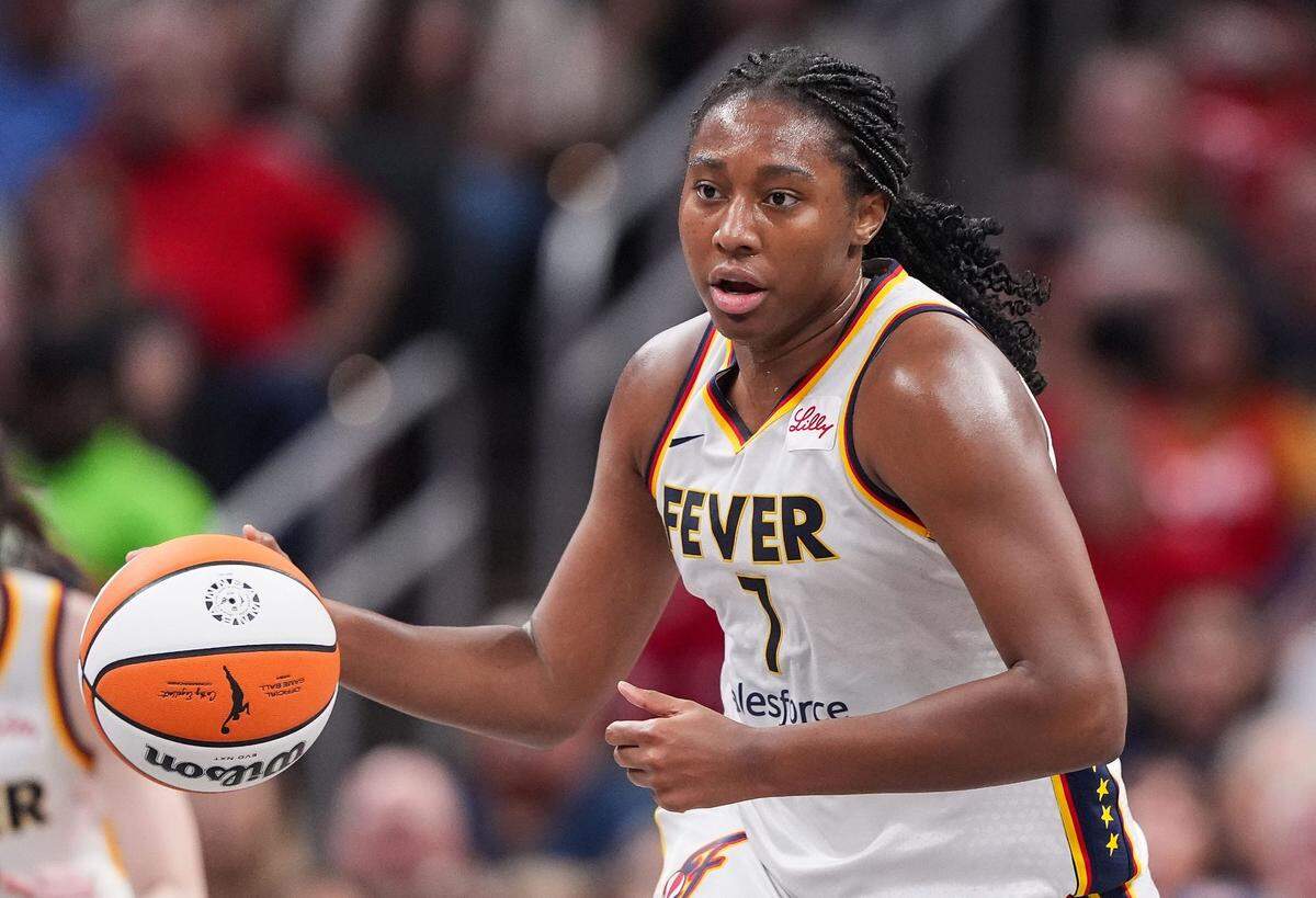 Indiana Fever forward Aliyah Boston (7) rushes up the court July 12 during a game against the Phoenix Mercury.