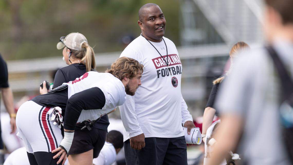 South Carolina defensive coordinator Clayton White works with players during practice for the Citrus Bowl at Celebration High School in Celebration, Florida on Friday, December 27, 2024.