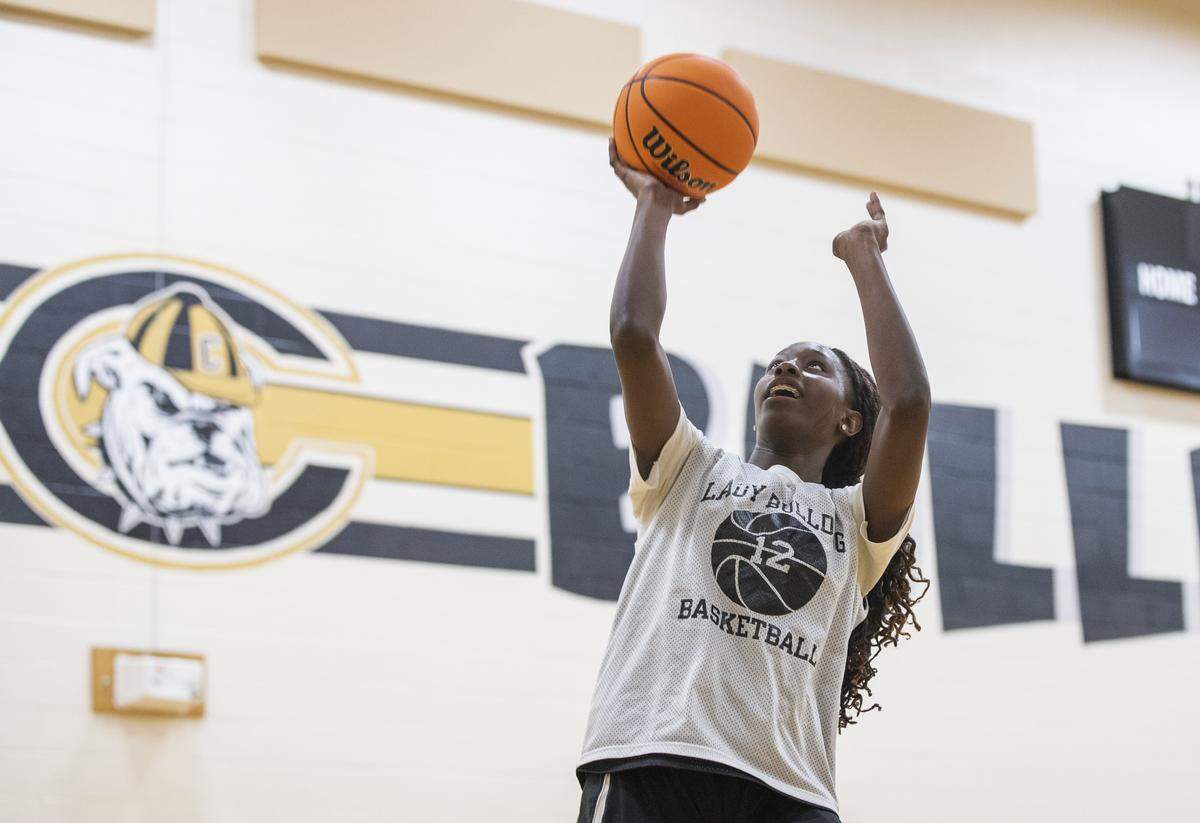 Joyce Edwards, an eighth grader, practices with the rest of the Camden High School’s girls basketball team at the school’s wellness center on Wednesday, January 27, 2020. The team has three eighth graders and one seventh grader on the team, with some of them starting.