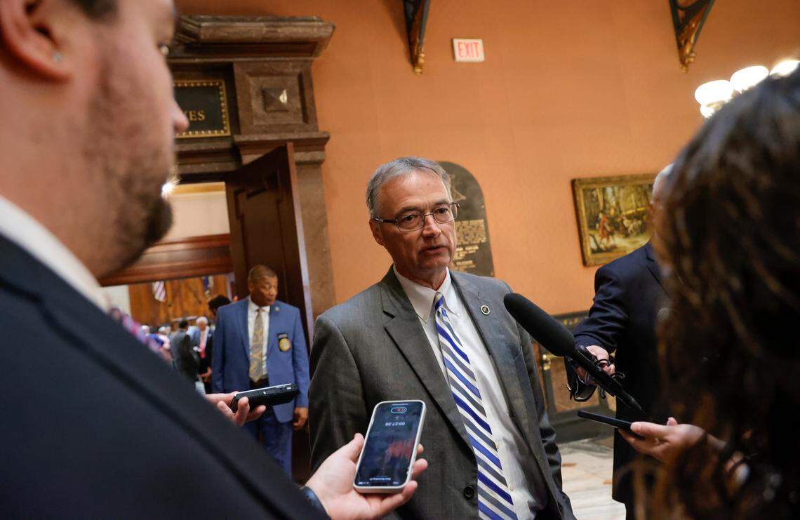 House Majority Leader Davey Hoitt, R-Pickens, speaks to the media after the S.C. House voted not to accept the changes the senate made to the abortion bill on Wednesday Sept. 08, 2022.