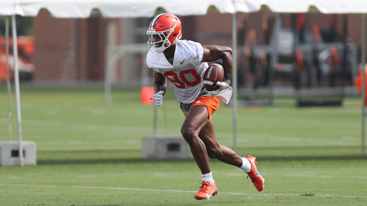 Clemson’s Beaux Collins at the Tigers’ first practice of 2022 camp on Friday, Aug. 5.