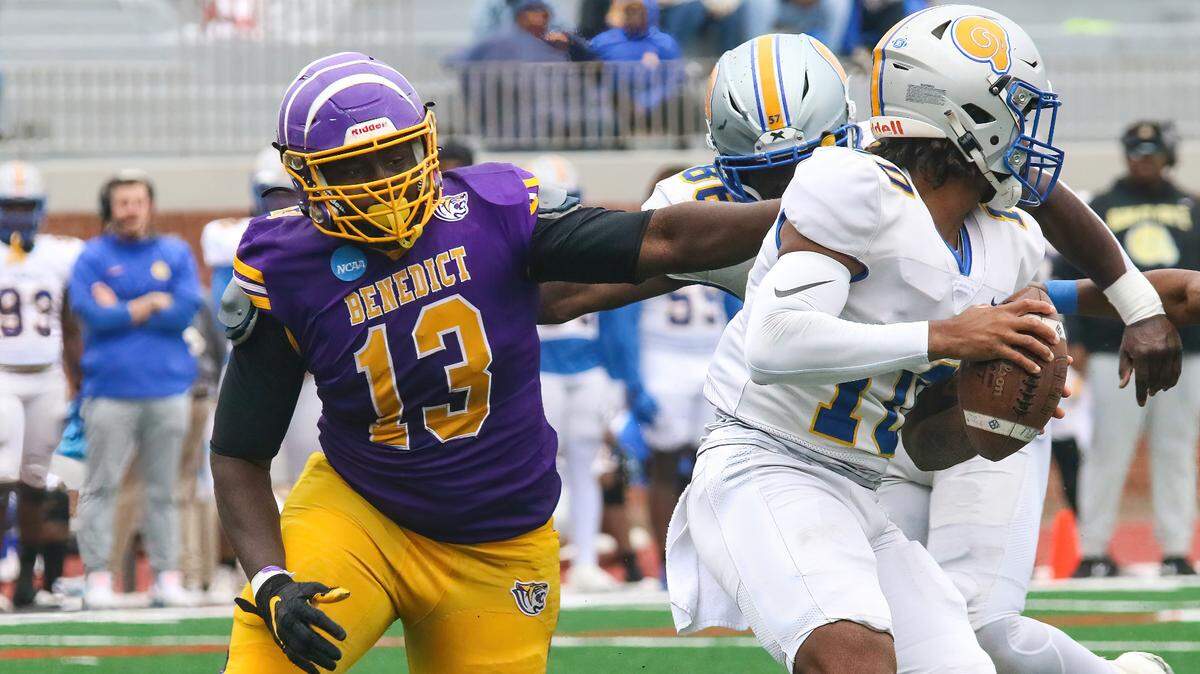 Benedict College’s Loobert Denelus goes in for a sack during a game earlier this season.