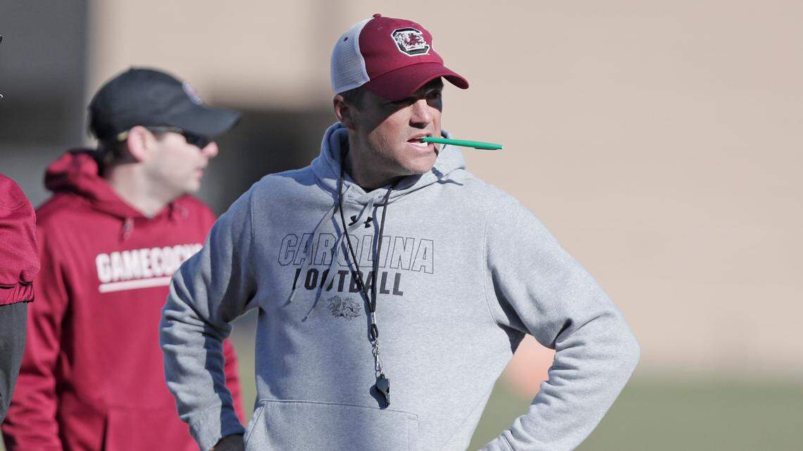 South Carolina’s Shane Beamer during 2023 spring practice.