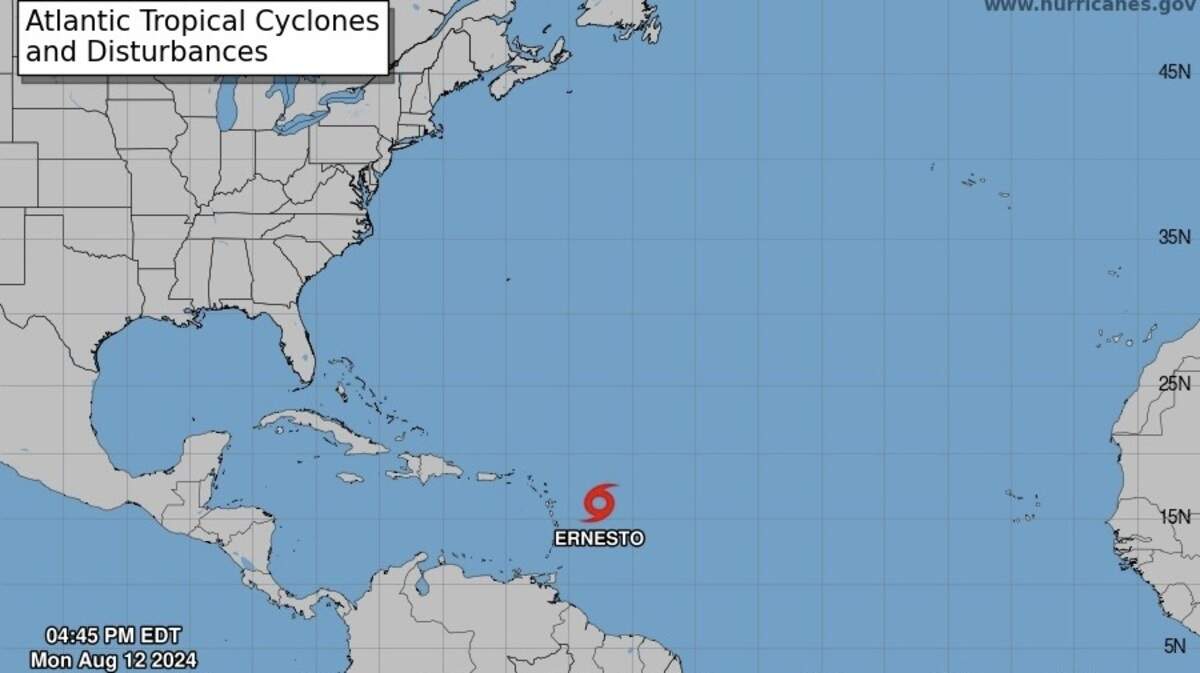 A map that shows Tropical Storm Ernesto’s position late Monday afternoon.