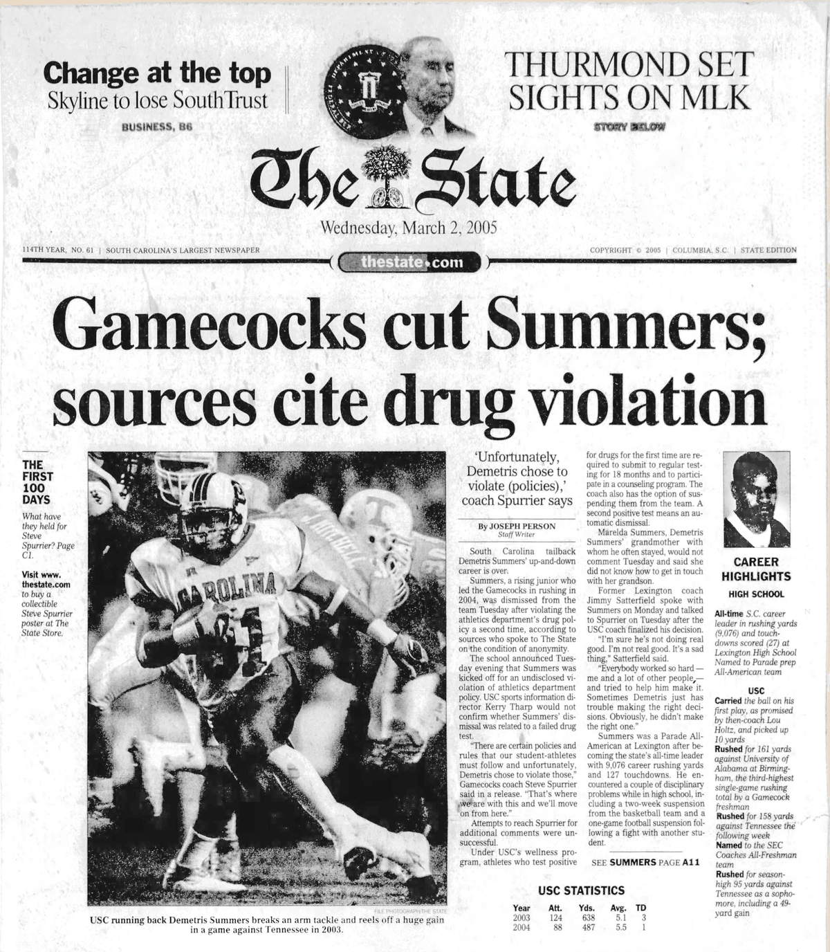 The State newspaper on March 2, 2005 breaks the news of Demetris Summers’ dismissal from the Gamecocks. “There are certain policies and rules that our student-athletes must follow and unfortunately Demetris chose to violate those,” South Carolina coach Steve Spurrier said through a school statement.