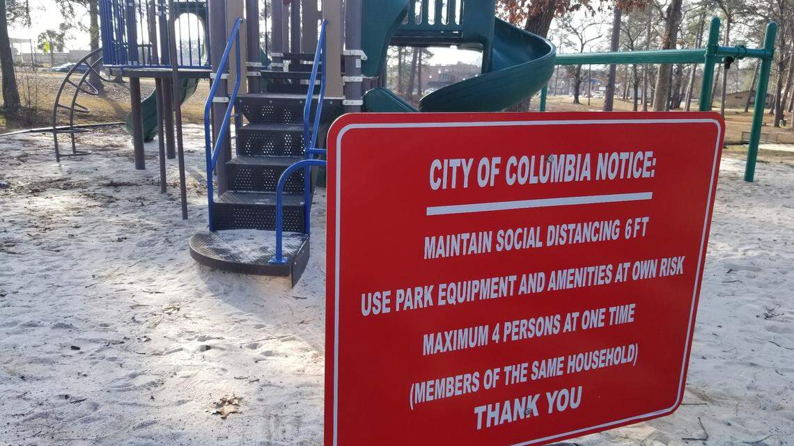 A sign at Columbia’s Hyatt Park on Feb. 10, 2021 advises residents to maintain social distancing. The park is set for $1.5 million in upgrades.