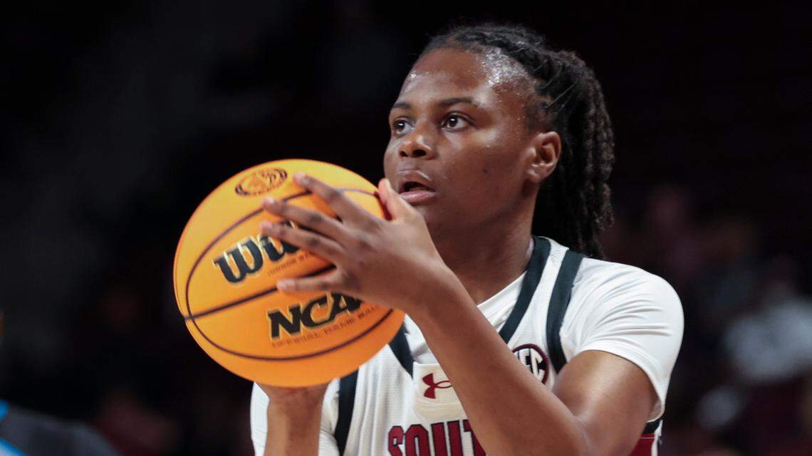 University of South Carolina guard MiLaysia Fulwiley (12) looks to shoot during the first half of action against Clayton State in the Colonial Life Arena on Monday, Oct. 28, 2024.