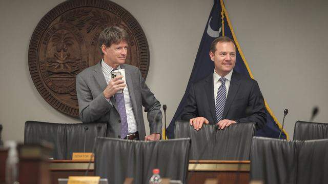 Sen. Luke Rankin, left, and Sen. Wes Climer are seen during a Senate Judiciary Committee meeting in Columbia, S.C. on Tuesday, Jan. 31, 2023. (Travis Bell/STATEHOUSE CAROLINA)