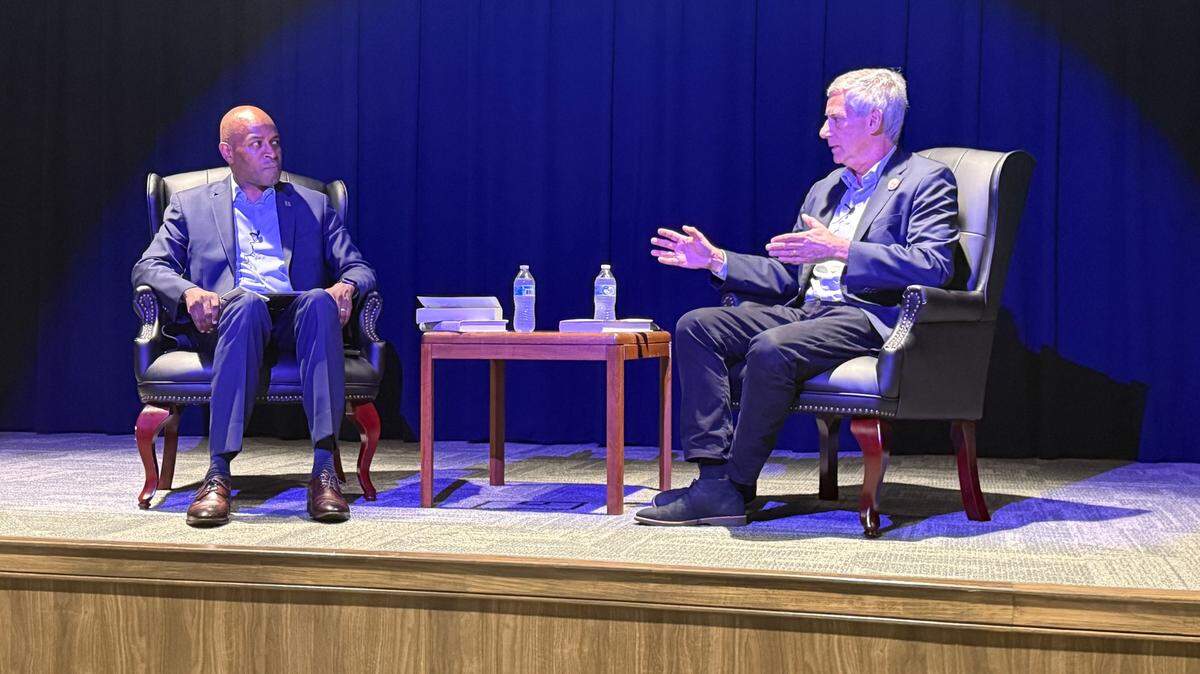 Author Kevin Sack (right) is interviewed about his book on Mother Emanuel by University of South Carolina civil rights professor Bobby Donaldson at Allen University on June 5, 2025, in Columbia, SC.