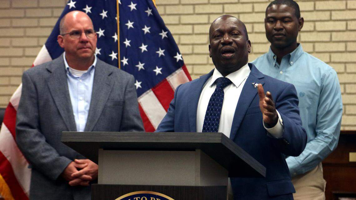 Cayce Police Chief Herbert Blake is introduced at a press conference on Oct. 29, 2024.