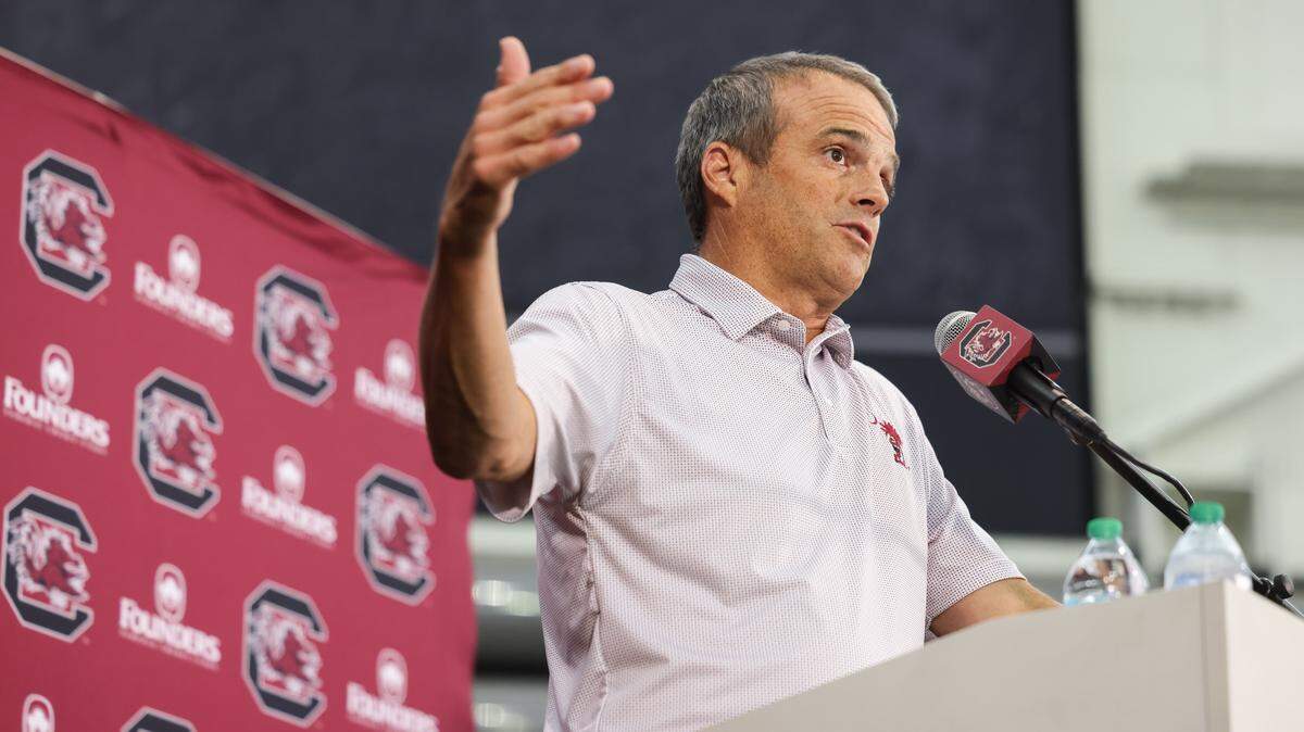 South Carolina head coach Shane Beamer speaks to the media during Media Day in Columbia on Thursday, July 31, 2025.