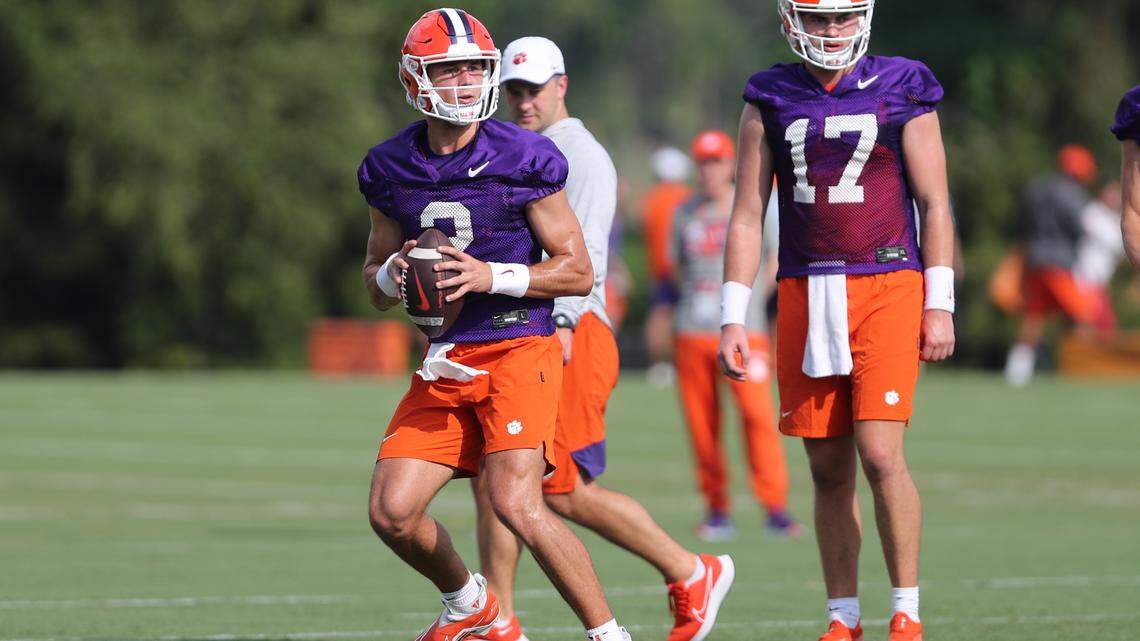 Clemson’s Cade Klubnik at the Tigers’ first practice of 2022 camp on Friday, Aug. 5.