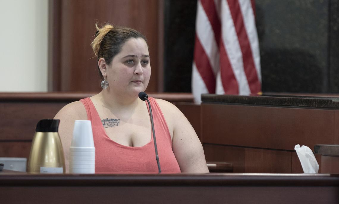 Chrystal Ballentine, a babysitter and girlfriend of Tim Jones Jr., answers questions during his death penalty trial in Lexington. Jones is accused of killing his five young children in 2014. 5/29/19