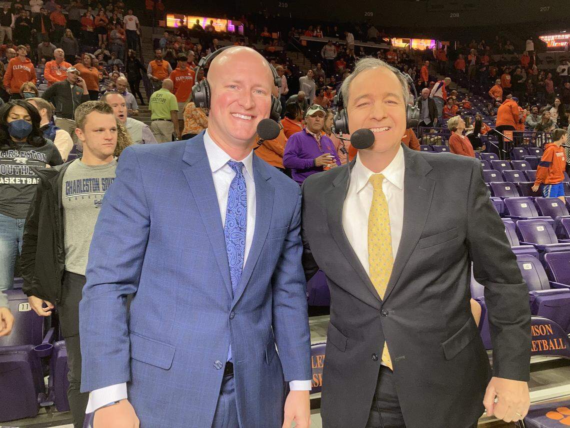 Some of Terrence Oglesby’s earliest broadcasting work came with veteran Upstate SC sportscaster Pete Yanity (right). He still cringes about the time he “lost his mind” after a late 3-pointer by Clemson’s Al Amir-Dawes to ice a game vs. Wofford instead of “laying out” and letting Yanity (his play-by-play partner) and the crowd carry the moment.