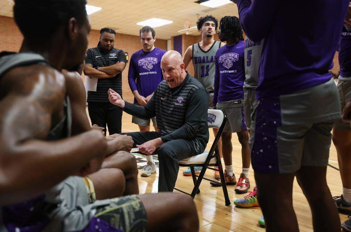 Columbia College head coach Jake Deer speaks to his players during their game against Columbia International University at Godbold Gym in Columbia on Feb. 12.