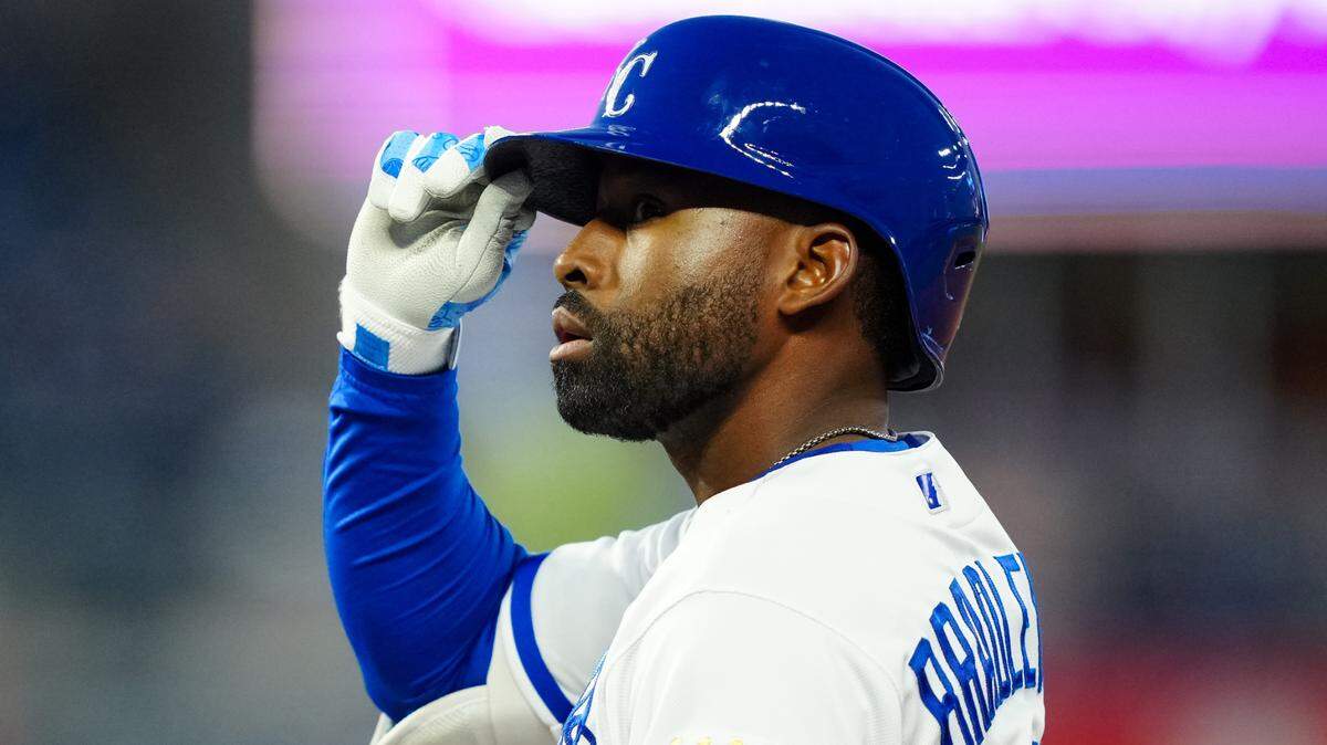 Apr 5, 2023; Kansas City, Missouri, USA; Kansas City Royals center fielder Jackie Bradley Jr. (41) gestures to the dugout after hitting a single during the fifth inning against the Toronto Blue Jays at Kauffman Stadium.