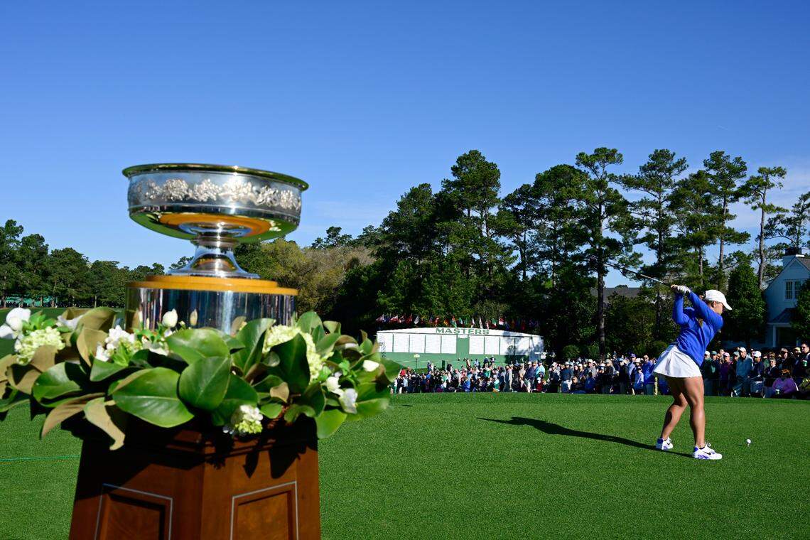 Jensen Castle of the United States plays her stroke from the No. 1 tee during the final round of the Augusta National Women’s Amateur at Augusta National Golf Club, Saturday, April 2, 2022.