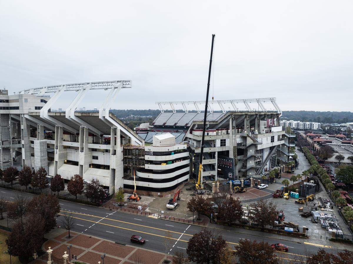 Demolition work is under way at Williams-Brice Stadium to make way for upcoming renovations. Seen here: Demolition of the southeast ramps. 