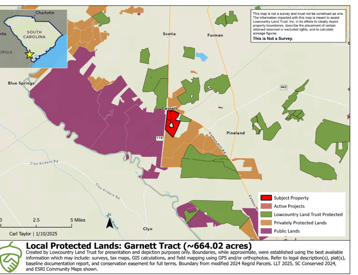 The property, depicted in red, is composed of 664 acres. It has been protected and is a key addition to already protected land in the SC Lowcountry, conservationists say. The land is known as the Garnett Tract and has been saved to offset the impacts of a major industrial park nearby.