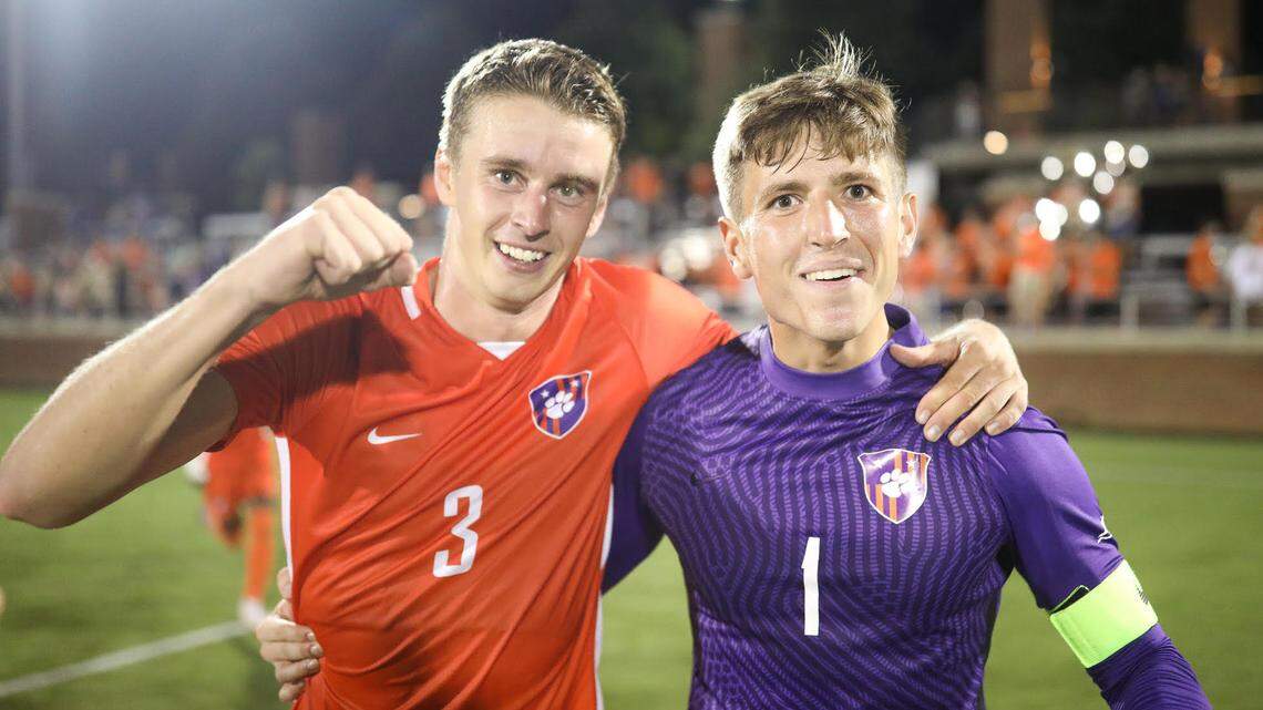 Clemson defender Oskar Agren (3) and goalkeeper George Marks (1) look to keep the Tigers’ season alive when they play Notre Dame for the second time this season during the College Cup on Friday.