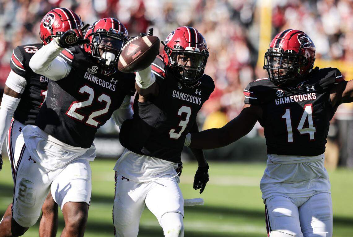 South Carolina defensive back O’Donnell Fortune (3) celebrates after an interception during the second half of the Gamecocks’ game at Williams-Brice Stadium in Columbia on Saturday, November 4, 2023.