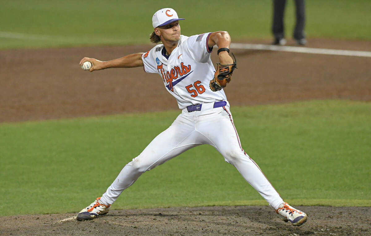 Jun 2, 2024; Clemson, South Carolina, USA; Clemson junior Austin Gordon (56) pitches against Coastal Carolina University during the top of the ninth inning of the Clemson Regional at Doug Kingsmore Stadium.