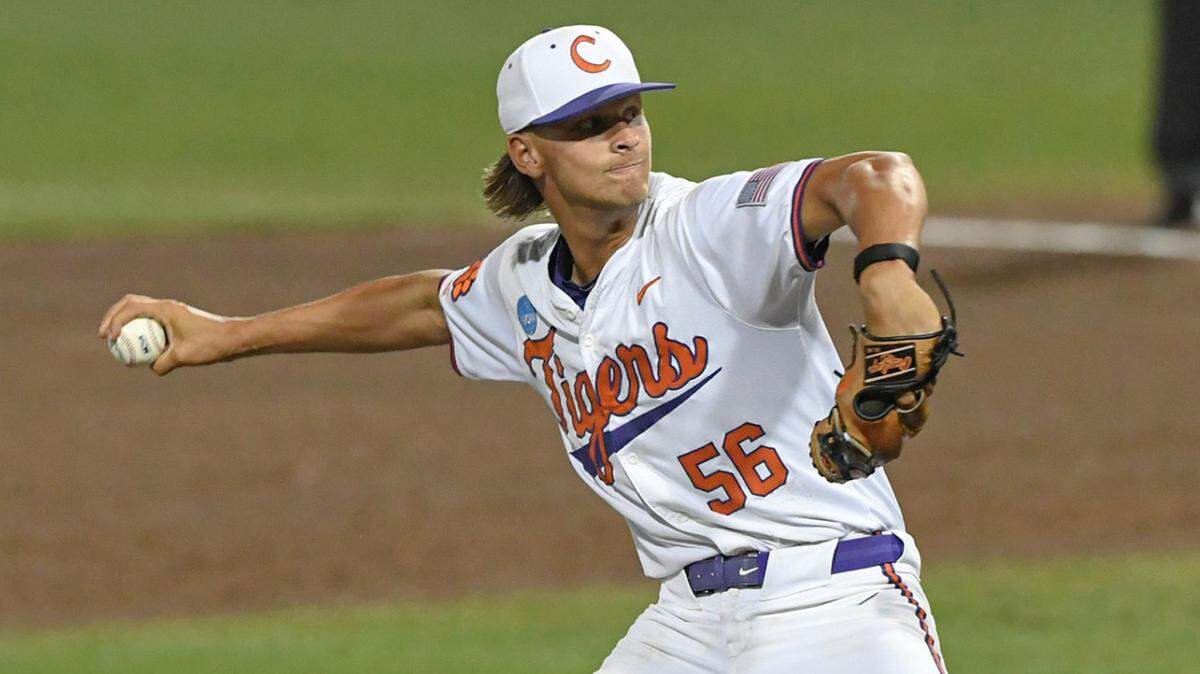 Jun 2, 2024; Clemson, South Carolina, USA; Clemson junior Austin Gordon (56) pitches against Coastal Carolina University during the top of the ninth inning of the Clemson Regional at Doug Kingsmore Stadium.