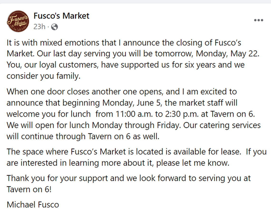 A screenshot from Fusco’s Market’s Facebook page, announcing its closure.