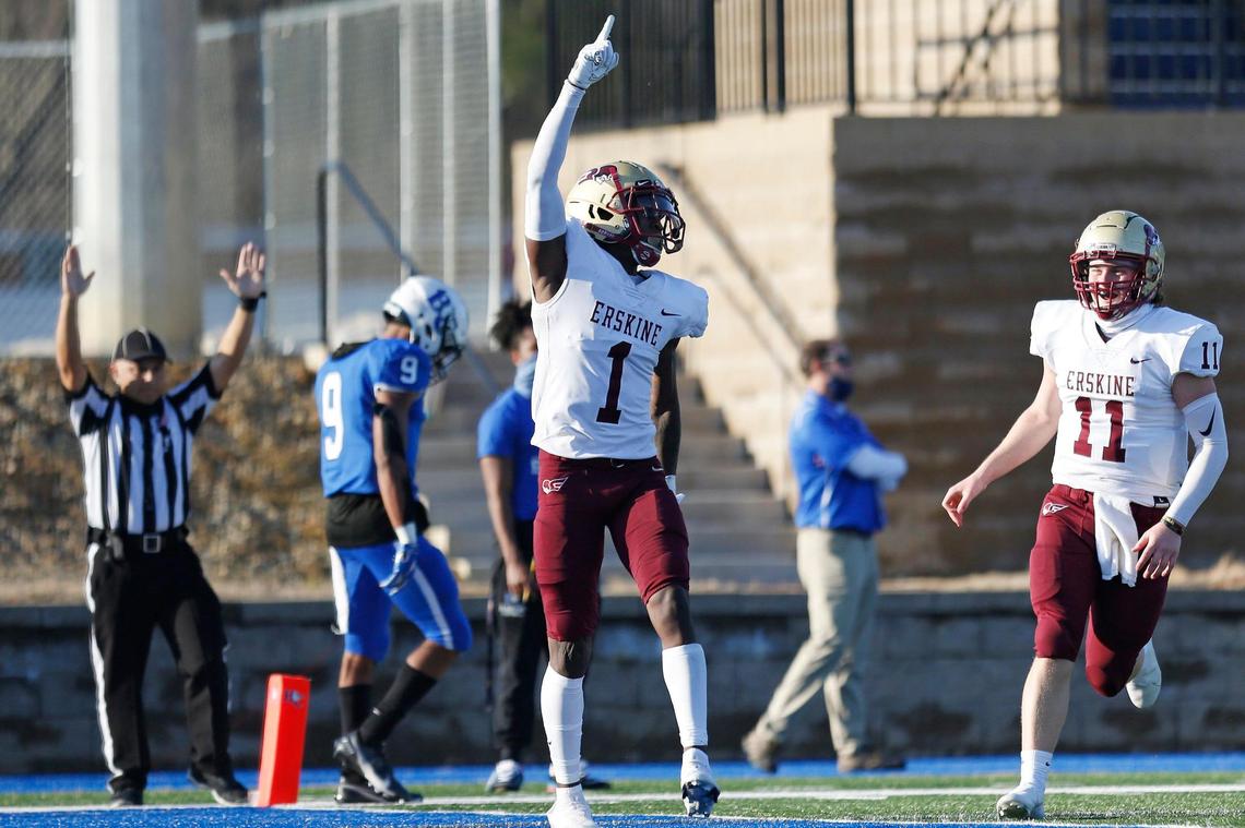 Erskine wide receiver Senika McKie (1) celebrates his touchdown in the fourth quarter of the game Saturday.