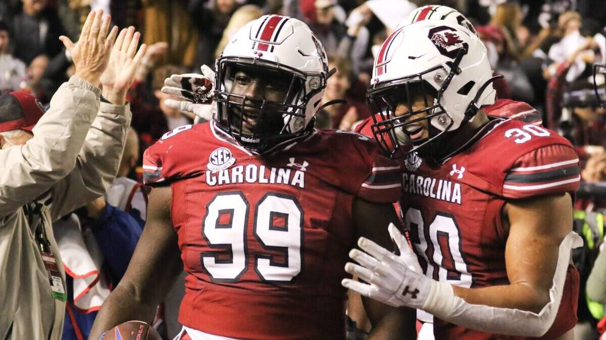 South Carolina’s linebacker Damani Staley (30) congratulates South Carolina’s defensive lineman Jabari Ellis (99) who scored on a fumble return as the Gamecocks take on Florida on Saturday, Nov, 6, 2021 at Williams-Brice Stadium.
